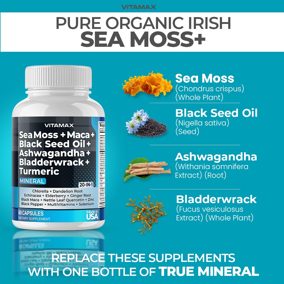 Vitamax Shilajit et Sea Moss capsules ouvertes sur une table