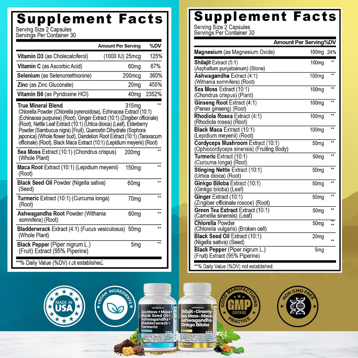 Vitamax Shilajit et Sea Moss dans leur emballage intact