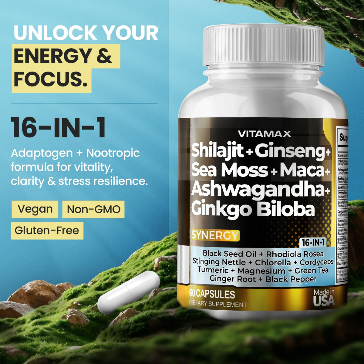 Vitamax Shilajit Pur 59g sur fond blanc