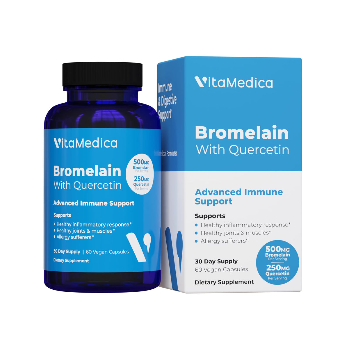 VitaMedica complément alimentaire Bromélaïne et Quercétine 500mg 250mg - vue de l'emballage avant