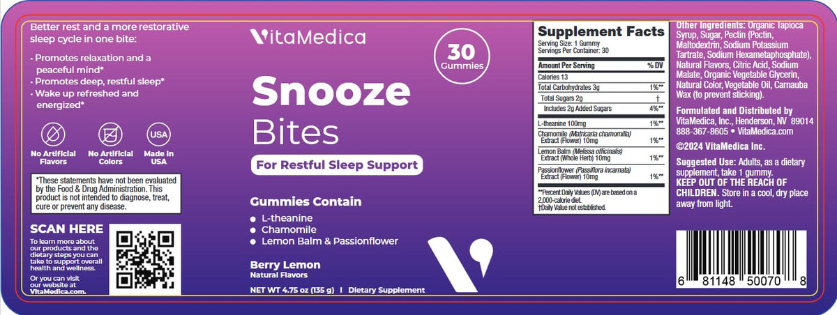 VitaMedica Snooze Gummies gummies on a wooden table