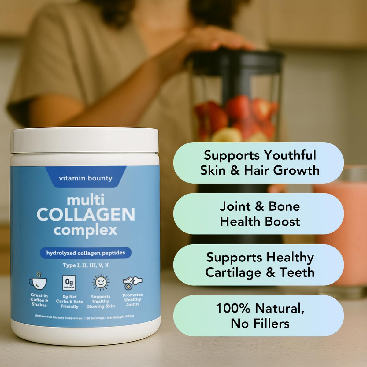 Vitamin Bounty Multi Collagen Complex with coffee and smoothie