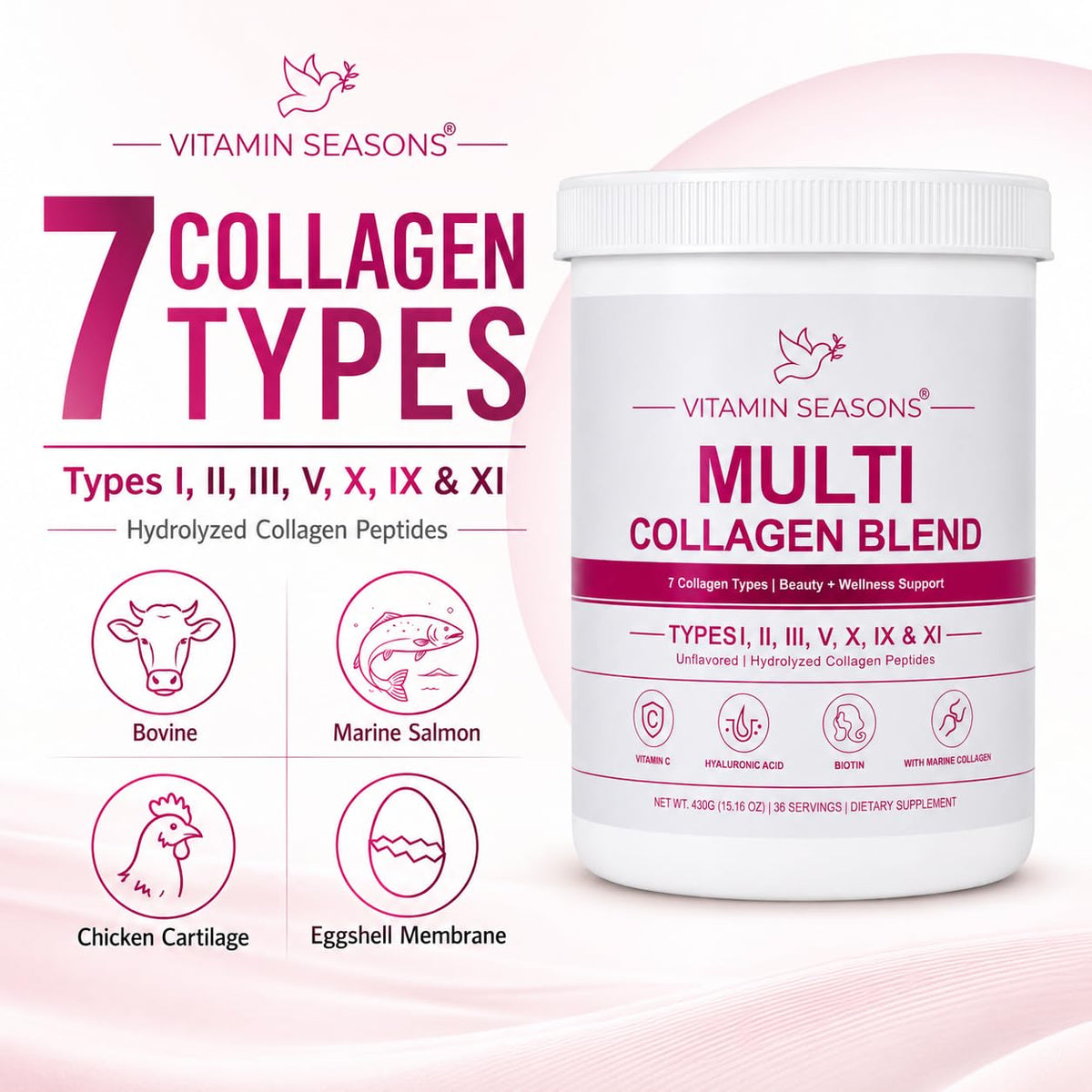 VITAMIN SEASONS Poudre de Collagène Multi-Types 608g avec dos de l'emballage