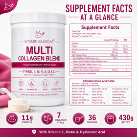 VITAMIN SEASONS Poudre de Collagène Multi-Types 608g avec une cuillère à mesure