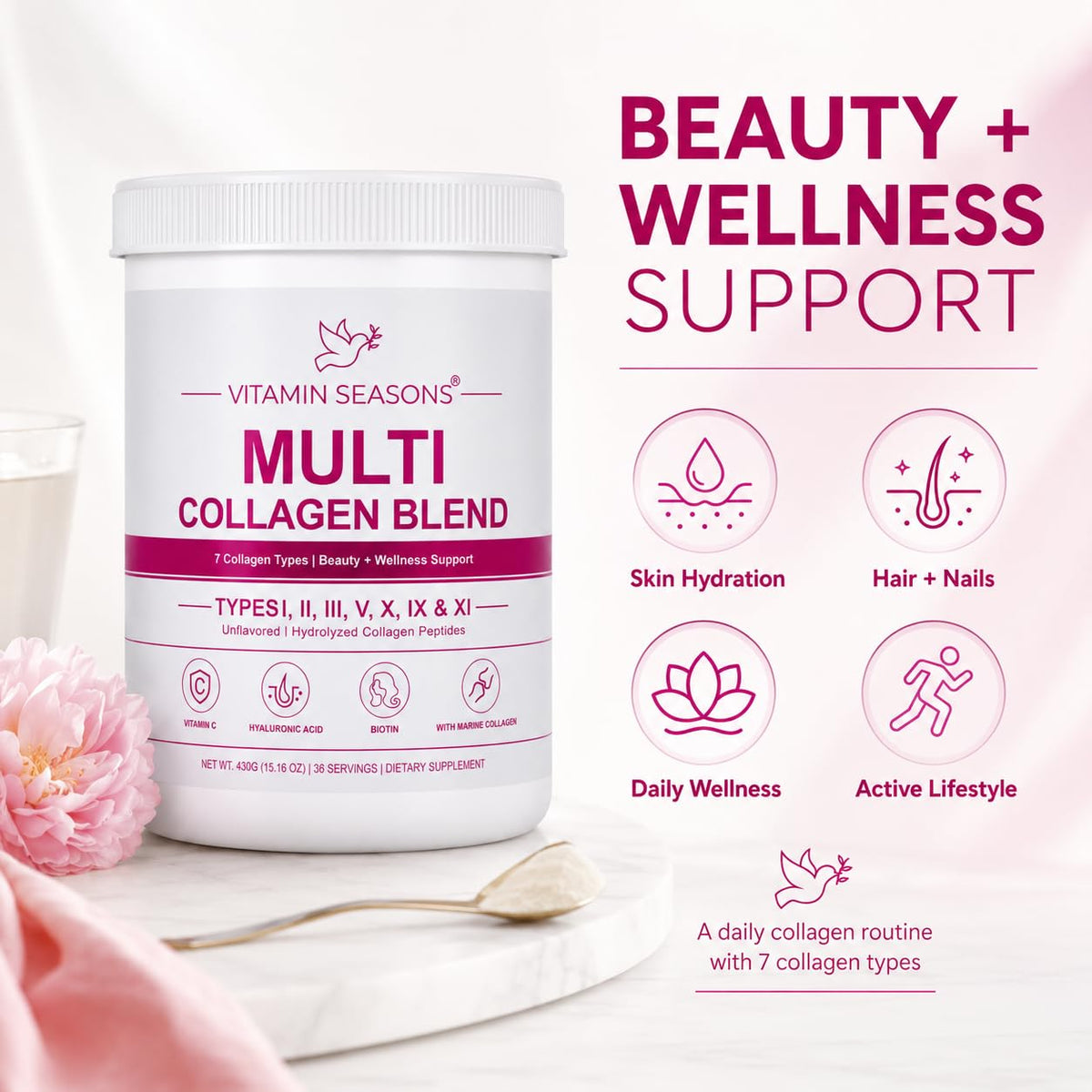 VITAMIN SEASONS Poudre de Collagène Multi-Types 608g en utilisation dans un smoothie