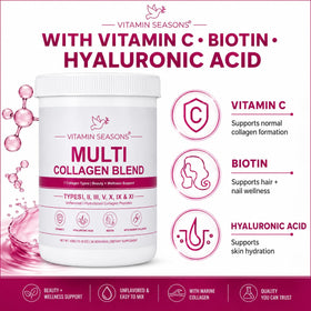 VITAMIN SEASONS Poudre de Collagène Multi-Types 608g versée dans un verre d'eau