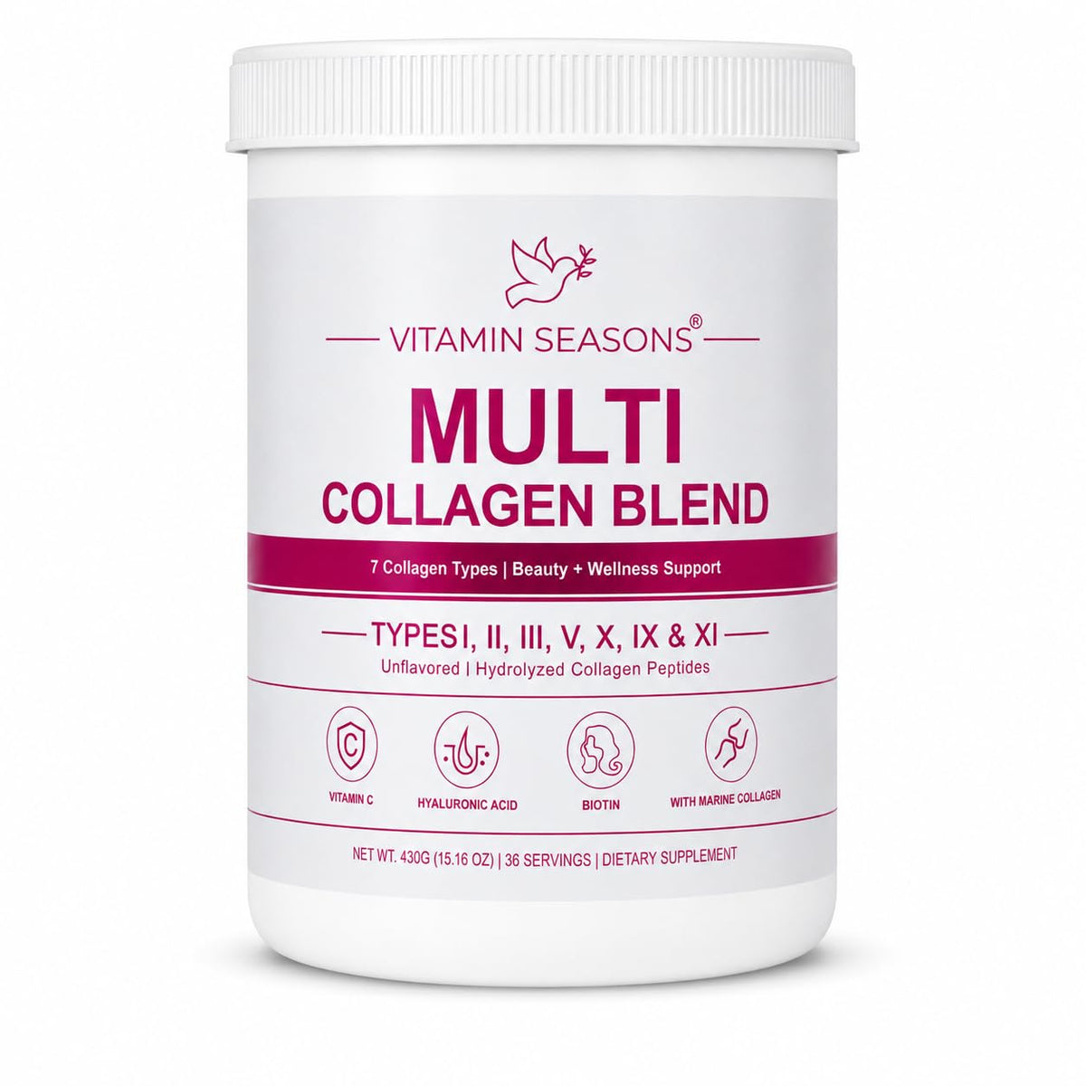 VITAMIN SEASONS Poudre de Collagène Multi-Types 608g vue de face
