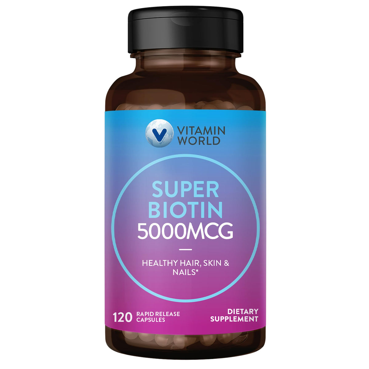 Vitamin World Super Biotin 5000 mcg capsules front view