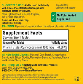 Vitamine B12 Sublinguale Nature Made présentée sur une table