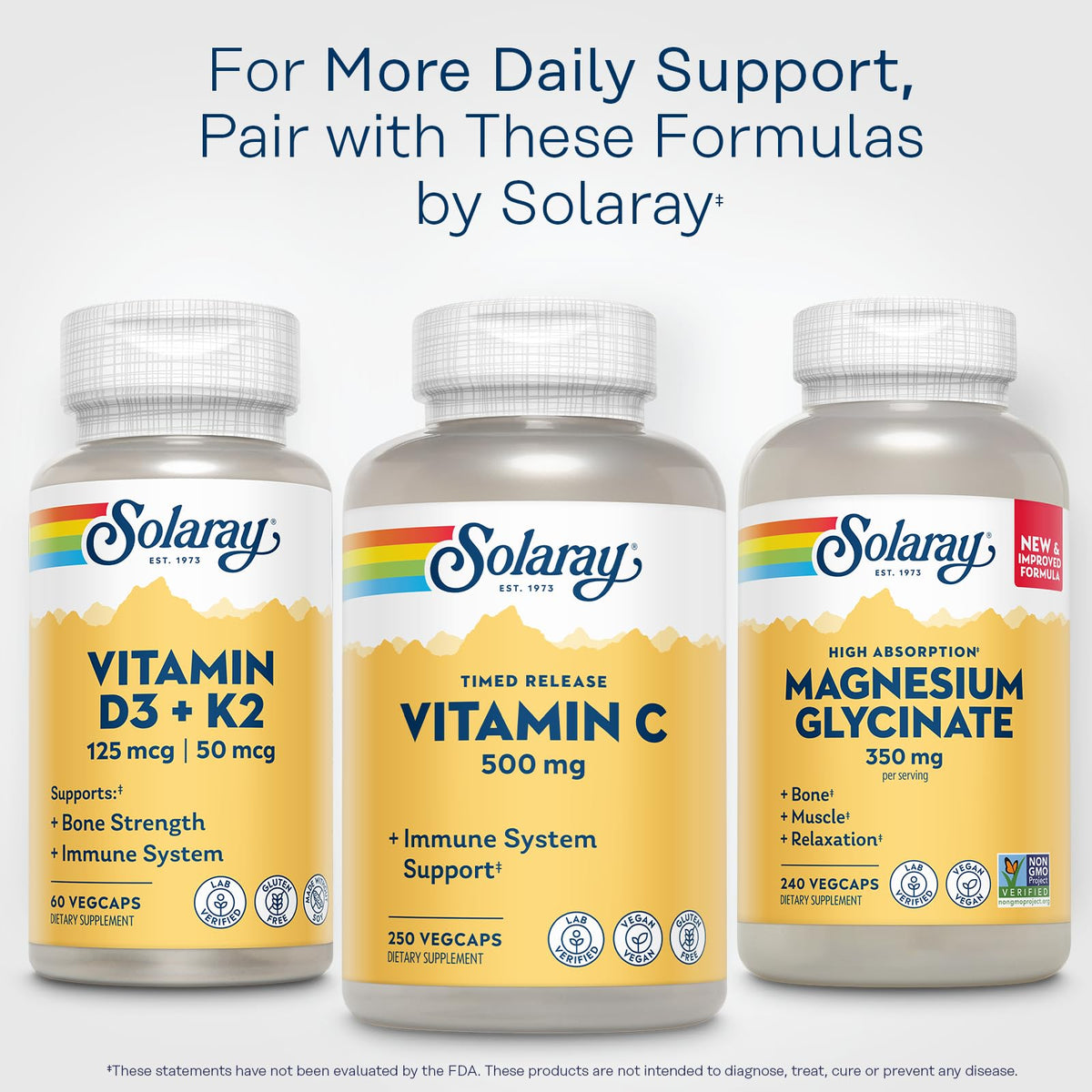 Vitamine C SOLARAY 500 mg avec ingrédients sur fond neutre