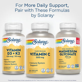 Vitamine C SOLARAY 500 mg avec ingrédients sur fond neutre