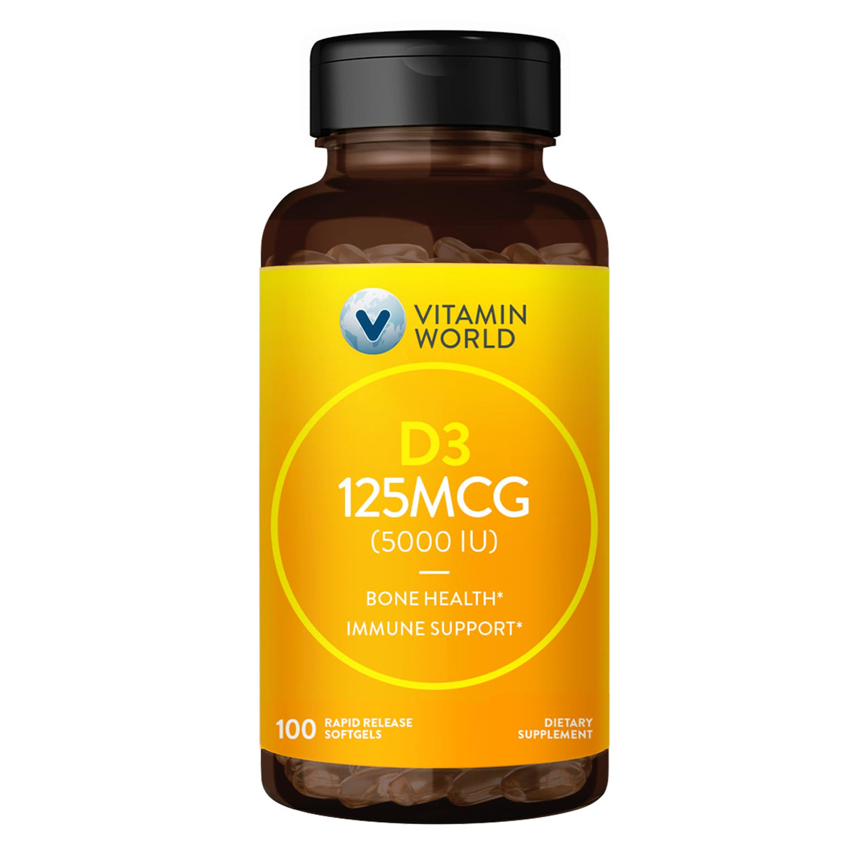 Vitamine D3 5000 UI gélules molles de Vitamin World, vue de face