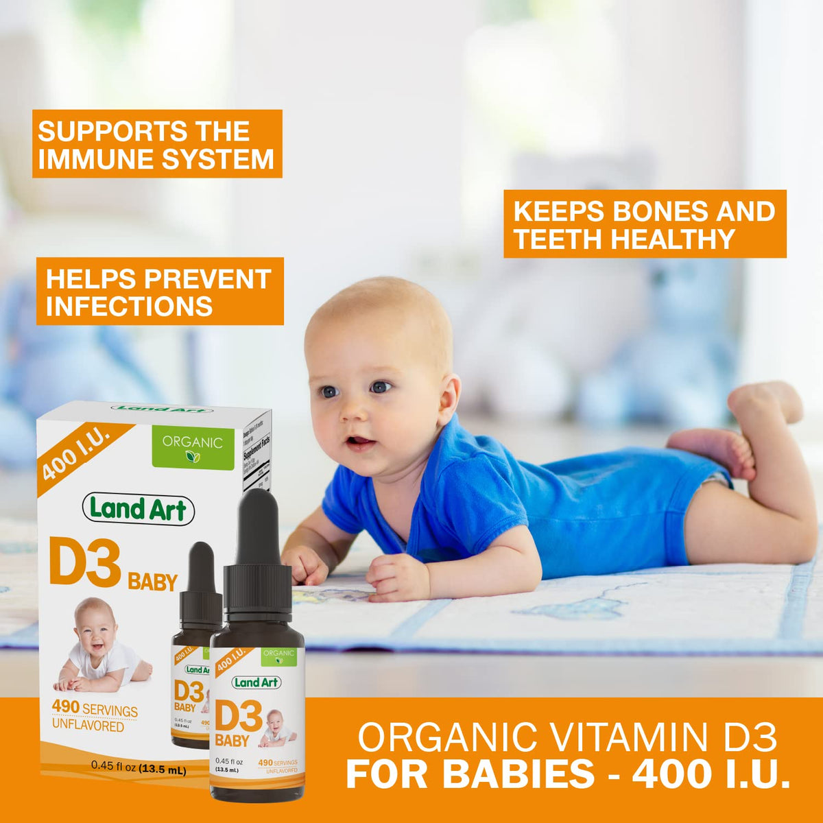 Vitamine D3 Bébé Land Art 400 IU 0,45 fl oz avec étiquette bio