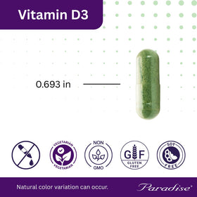 Vitamine D3 Paradise Herbs, capsules sur un fond blanc