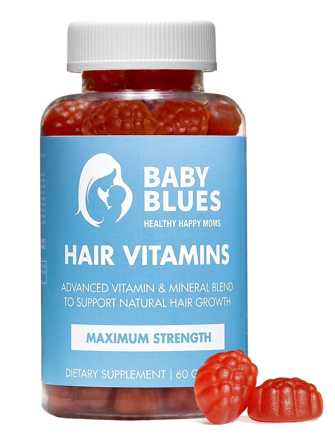 Vitamines Baby Blues 60 gummies pour cheveux postpartum, emballage avant