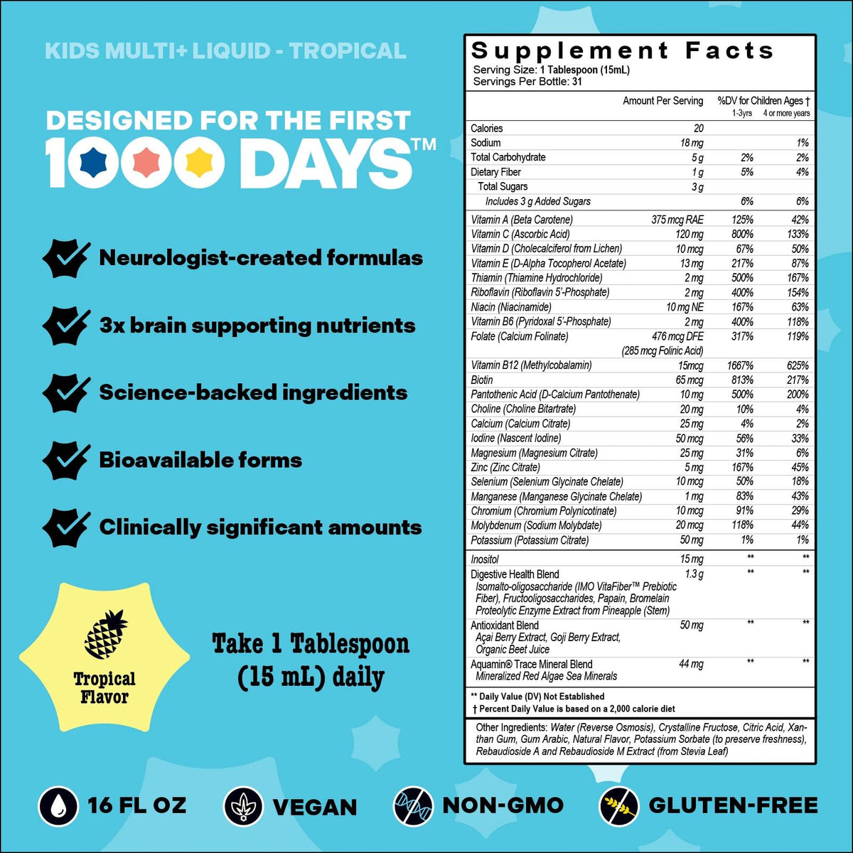 Vitamines Multi+ pour enfants avec un fond de fruits tropicaux
