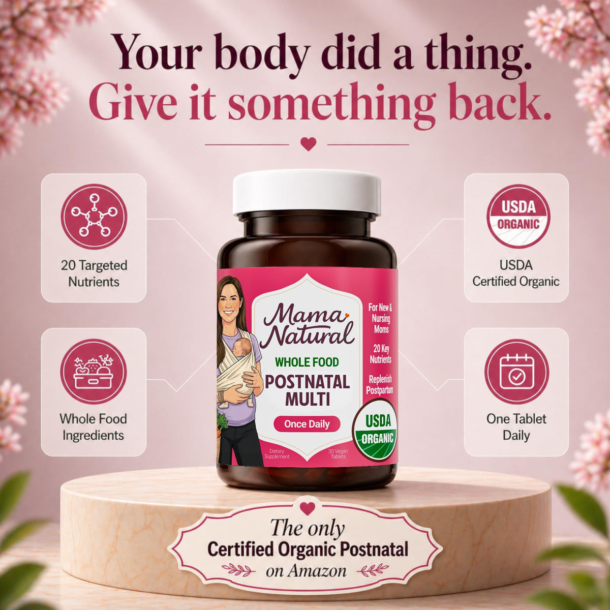 Vitamines postnatales bio Mama Natural capsules dans un verre