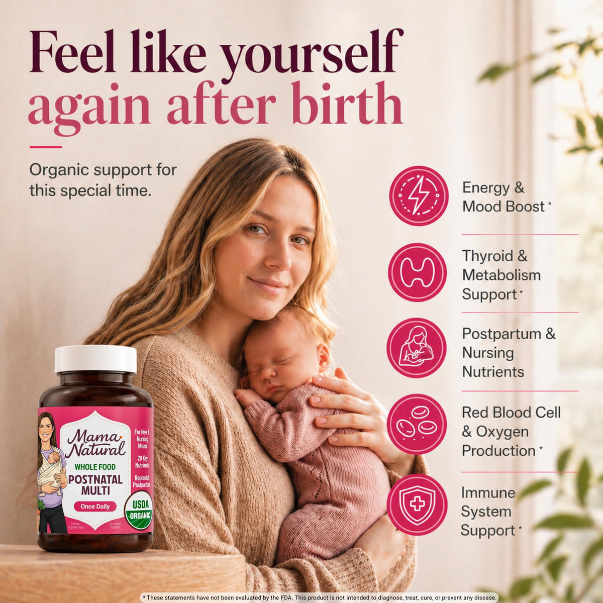 Vitamines postnatales bio Mama Natural capsules ouvertes sur une table