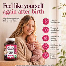 Vitamines postnatales bio Mama Natural capsules ouvertes sur une table