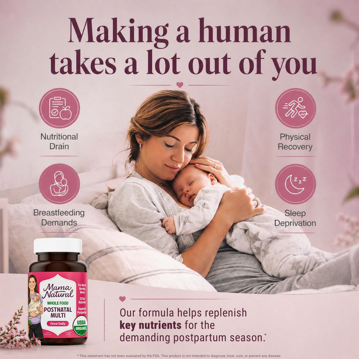 Vitamines postnatales bio Mama Natural étiquette avec ingrédients