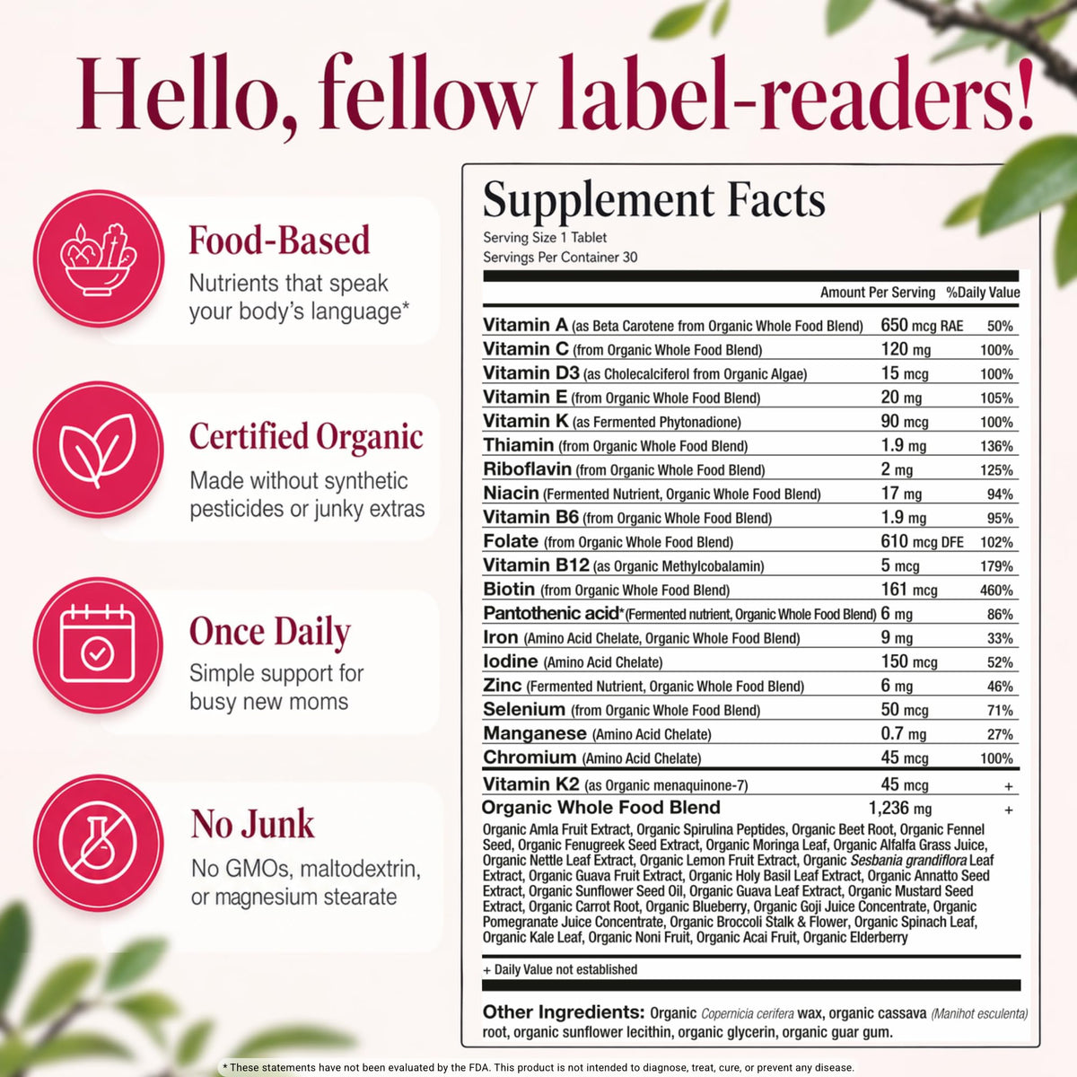Vitamines postnatales bio Mama Natural vue de côté de la boîte