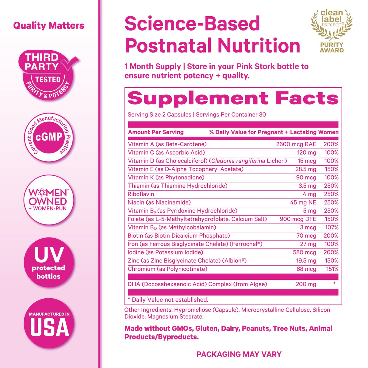 Vitamines postnatales Pink Stork avec un fond naturel