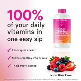 Vitamines prénatales liquides Pink Stork sur une table