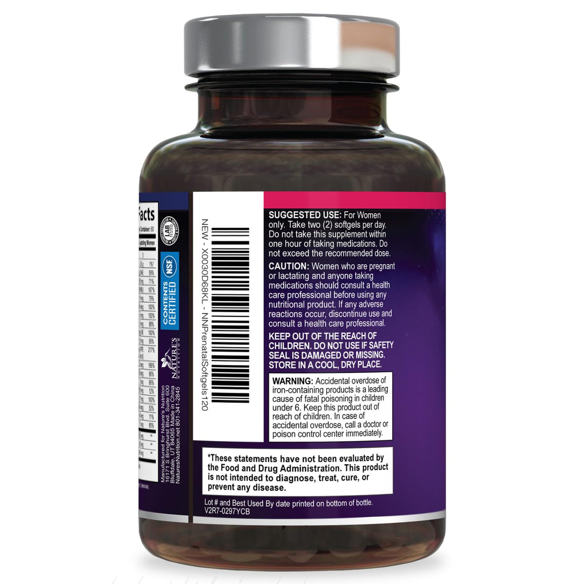 Vitamines prénatales Nature's Nutrition gélules dans un récipient