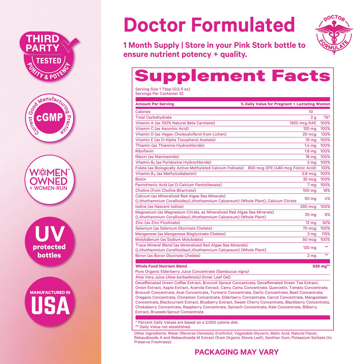 Vitamines prénatales Pink Stork dans un verre avec de l'eau
