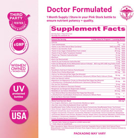 Vitamines prénatales Pink Stork dans un verre avec de l'eau