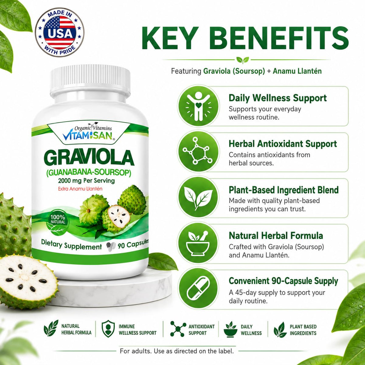 VITAMISAN Graviola Soursop Extract capsules with leafy background