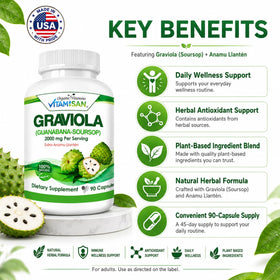 VITAMISAN Graviola Soursop Extract capsules with leafy background
