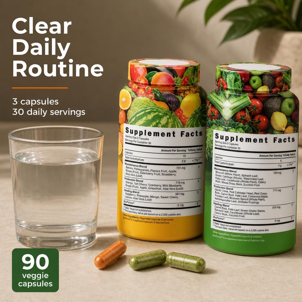 VITAMIZED 38 fruits et légumes capsules à côté d'autres compléments
