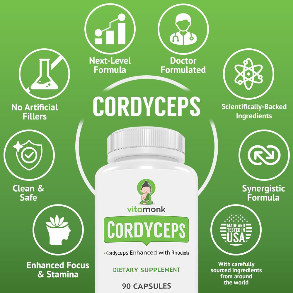 VitaMonk Capsules de Champignon Cordyceps 2000mg sur fond blanc