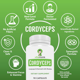 VitaMonk Capsules de Champignon Cordyceps 2000mg sur fond blanc