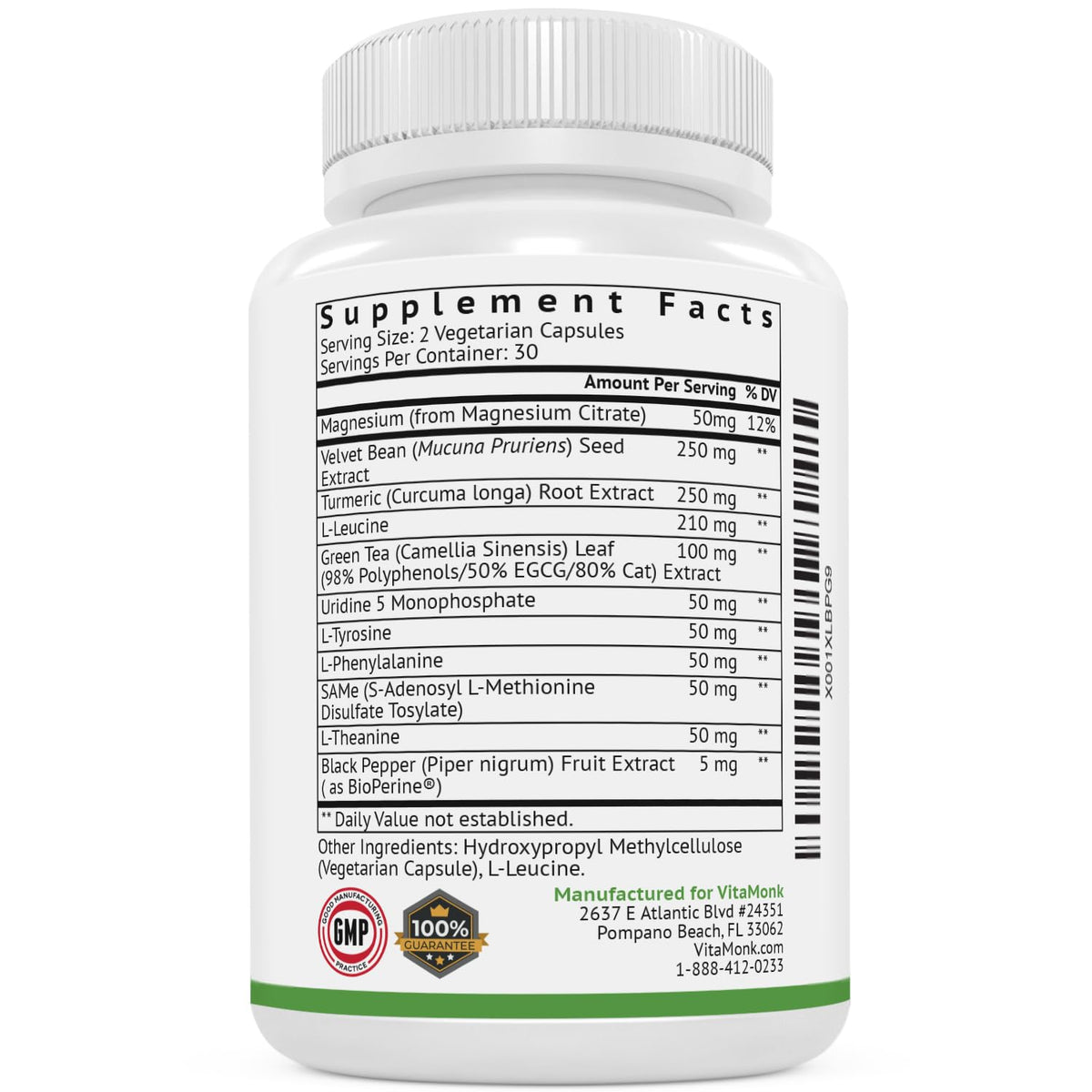 VitaMonk Compléments Alimentaires Dopamine 68g Mucuna Pruriens sur fond blanc