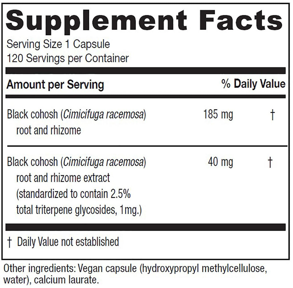 Vitanica Black Cohosh 120 capsules, vue arrière de l'emballage