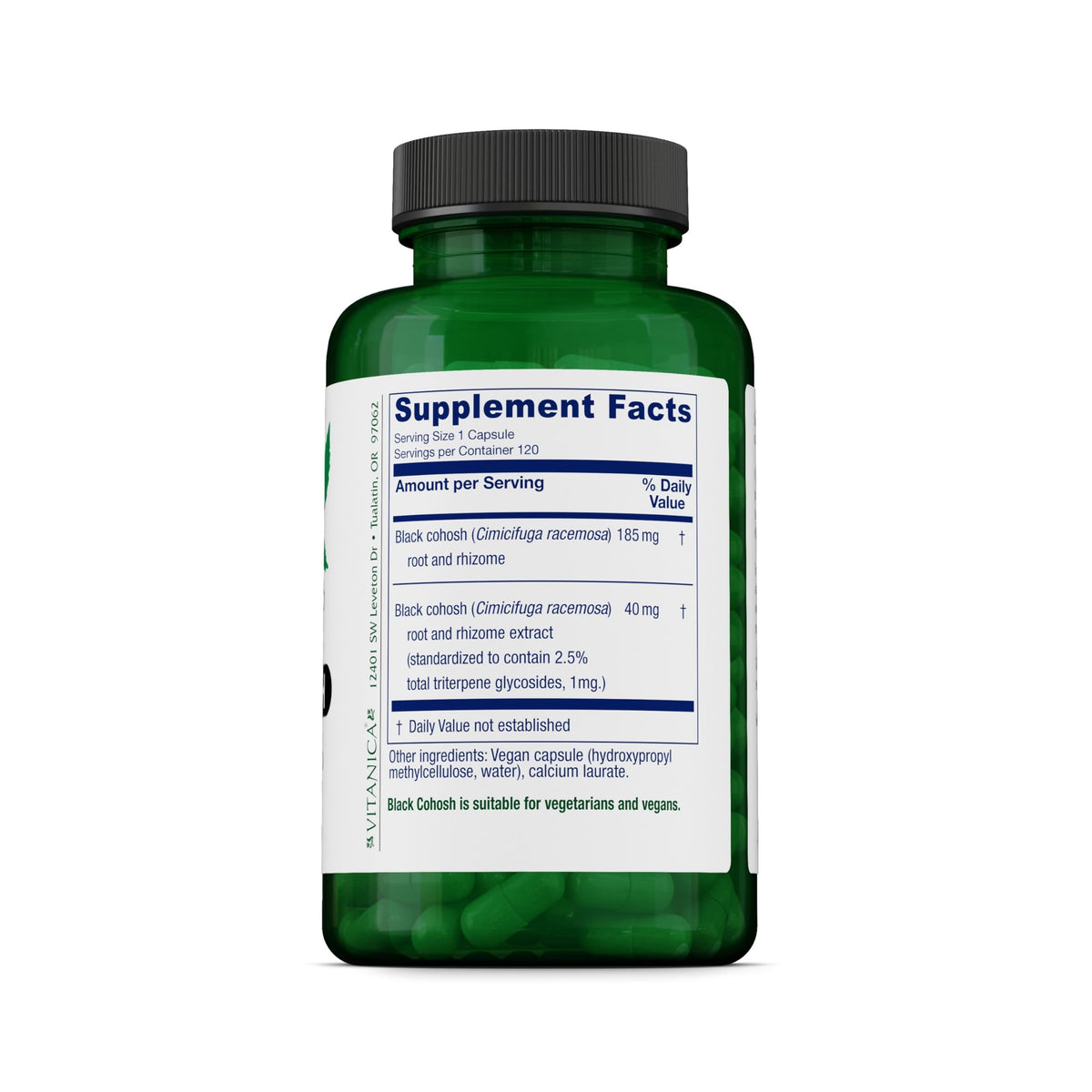 Vitanica Black Cohosh 120 capsules vue de dos avec informations nutritionnelles