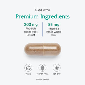 Vitanica Extrait de Racine de Rhodiola Rosea 200mg 60 Capsules sur une table