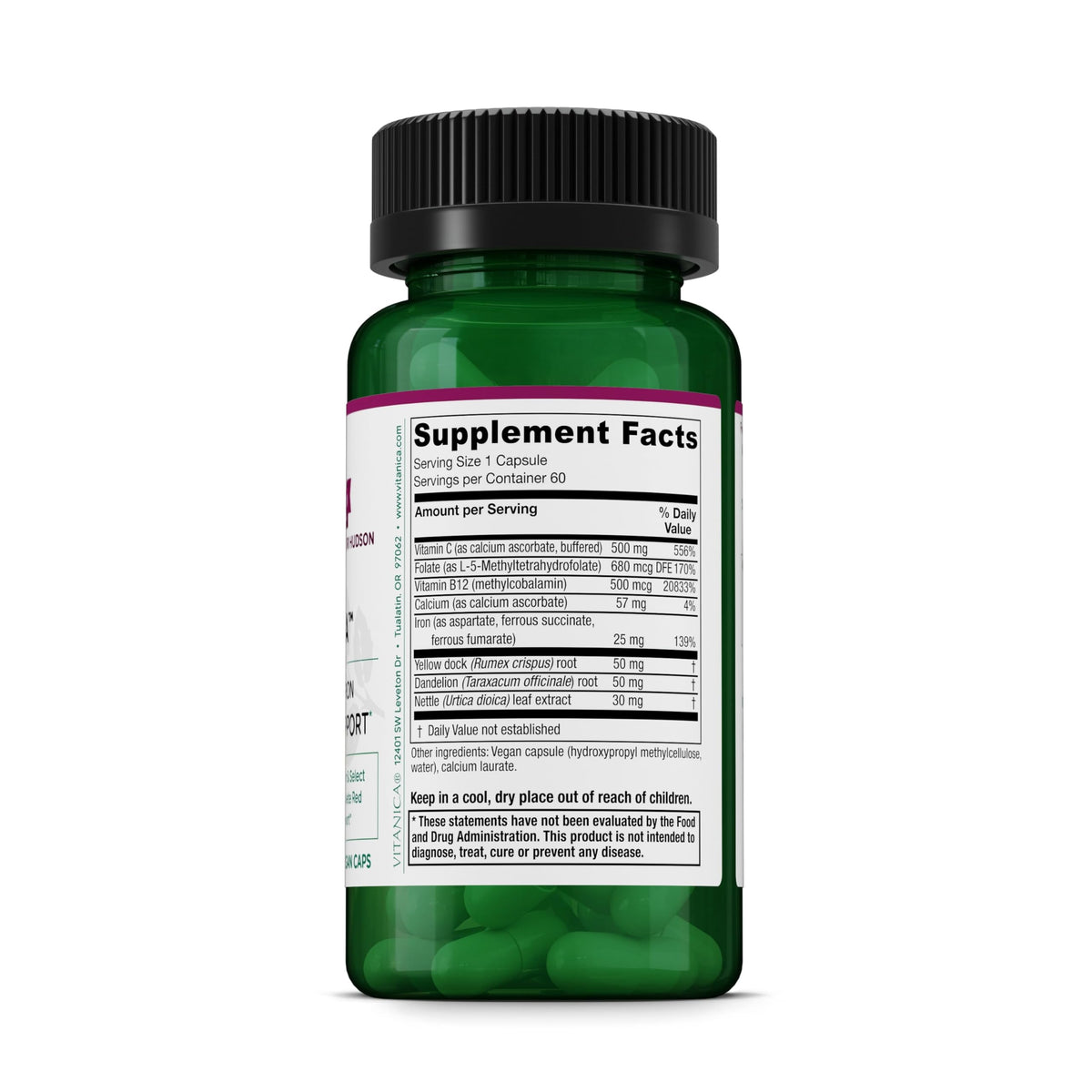 Vitanica Fer Extra 25 mg Bisglycinate 60 Capsules vue arrière