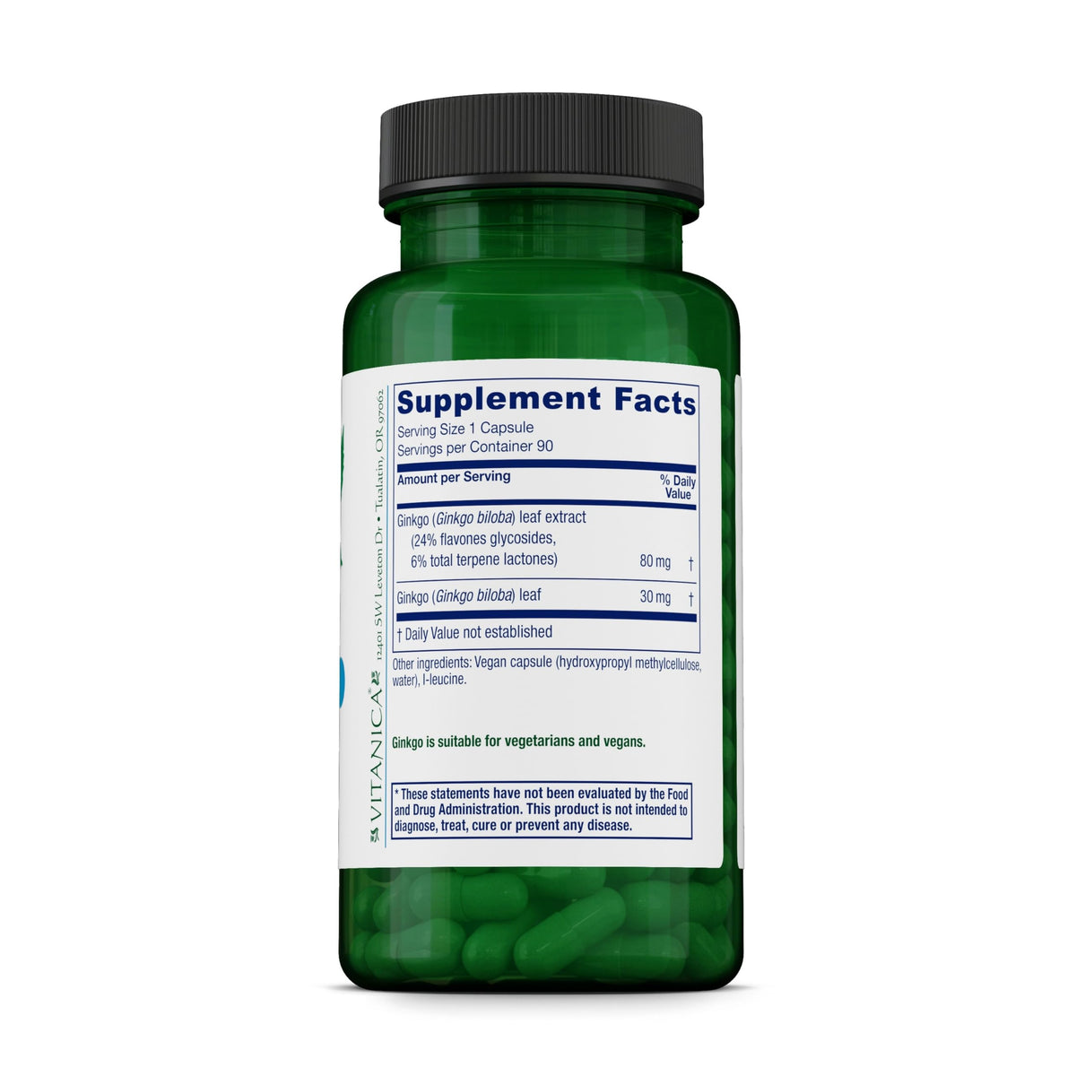 Vitanica Ginkgo Biloba, dos de l'emballage avec ingrédients