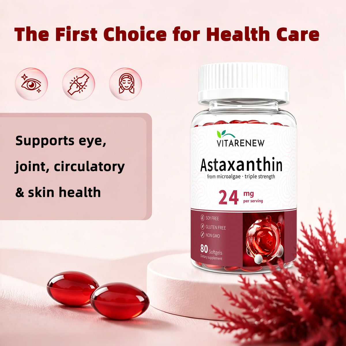 VITARENEW Astaxanthin 24mg Complex gélules sur fond blanc