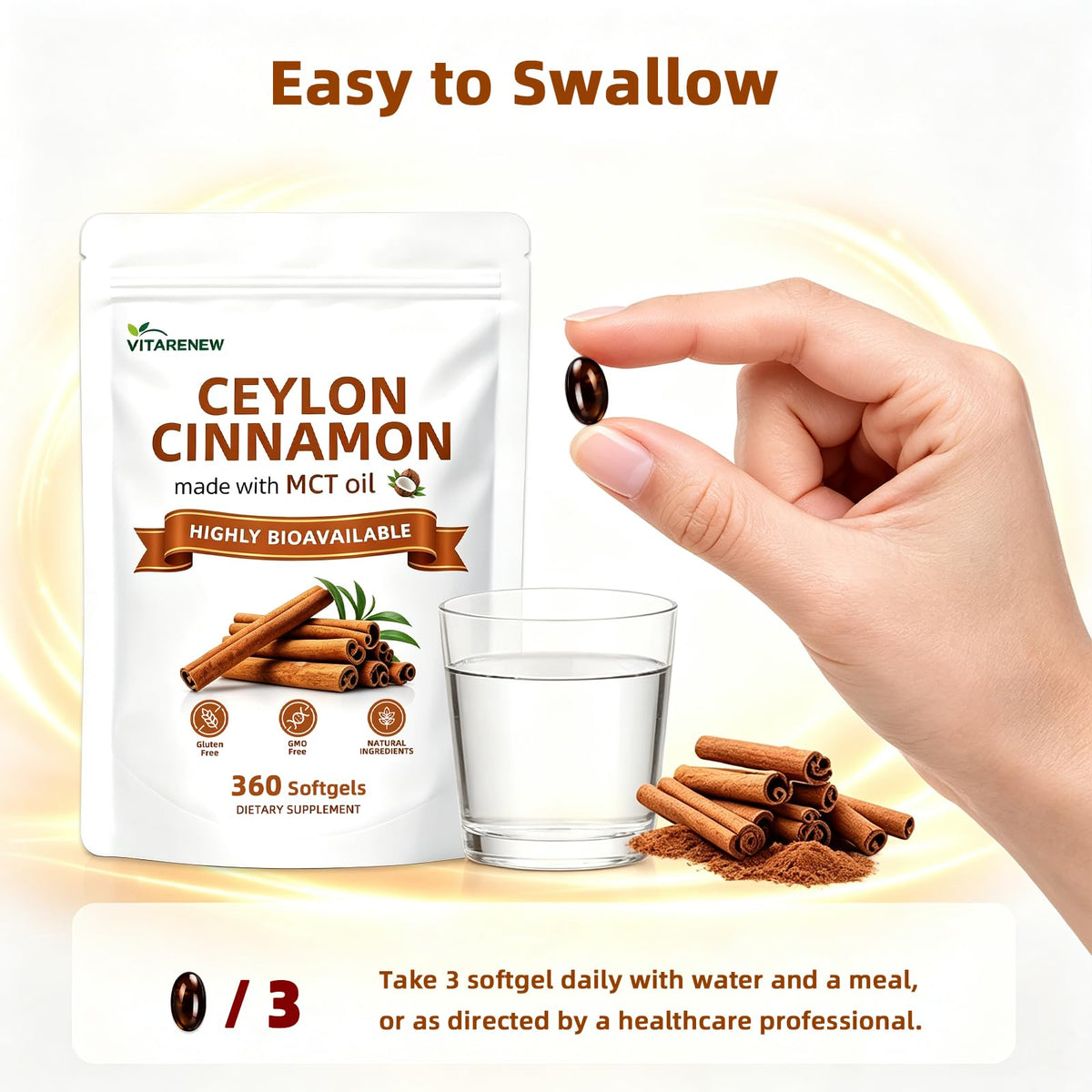 VITARENEW Cannelle de Ceylan Capsules avec étiquette détaillant le produit