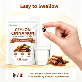 VITARENEW Cannelle de Ceylan Capsules avec étiquette détaillant le produit