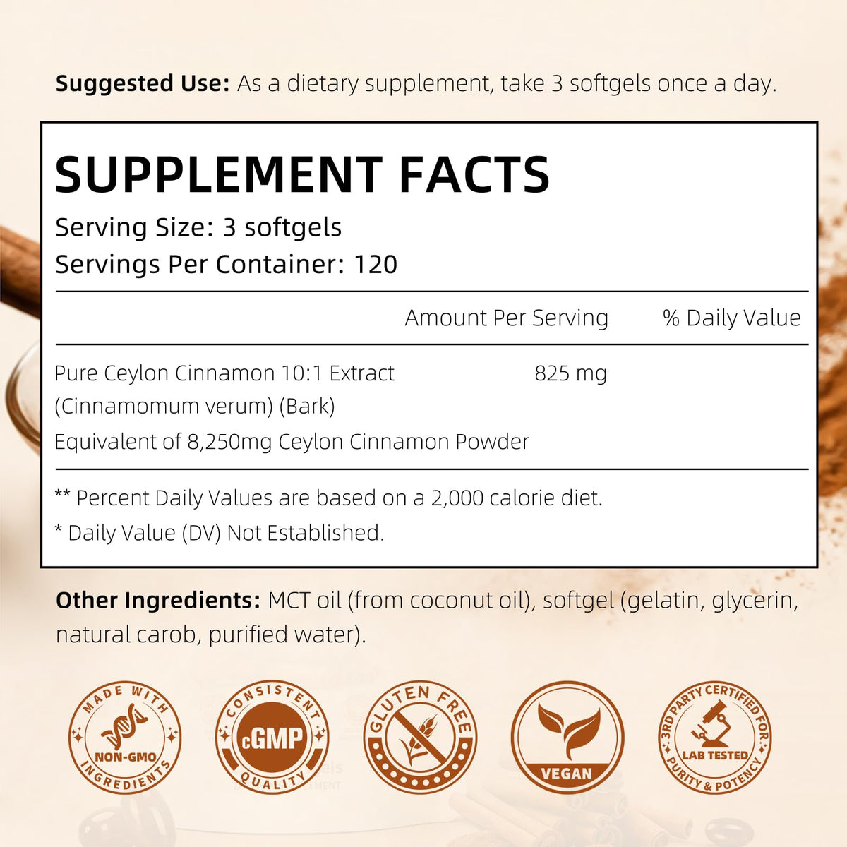 VITARENEW Cannelle de Ceylan Capsules avec huile MCT sur fond blanc