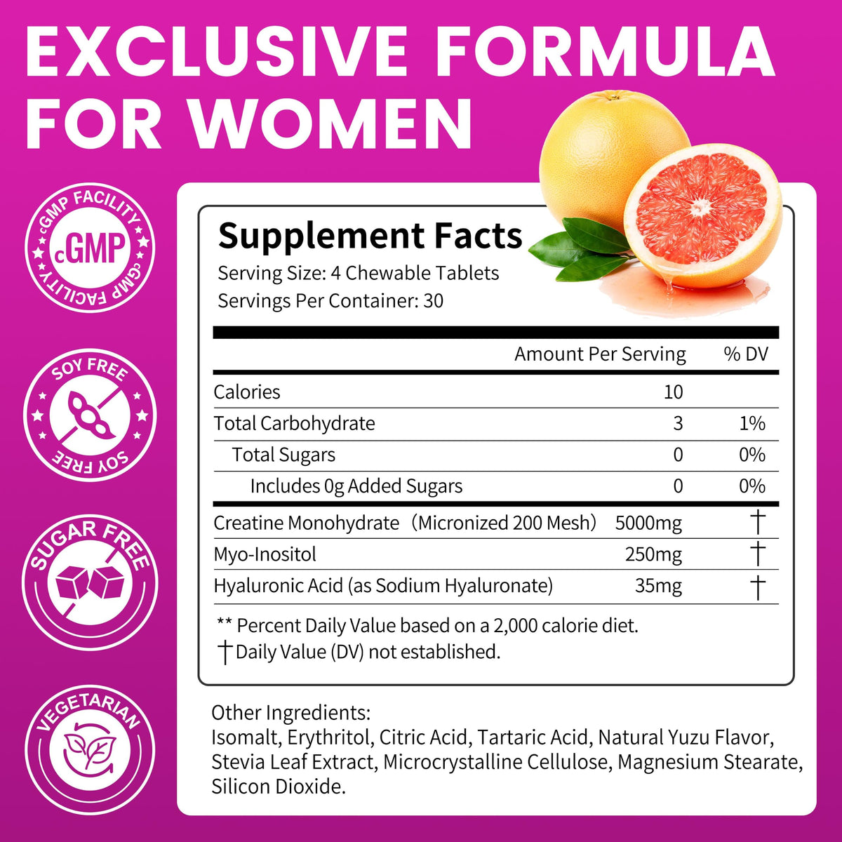 Vitarevive Créatine Monohydrate Femme comprimés à mâcher Yuzu emballage