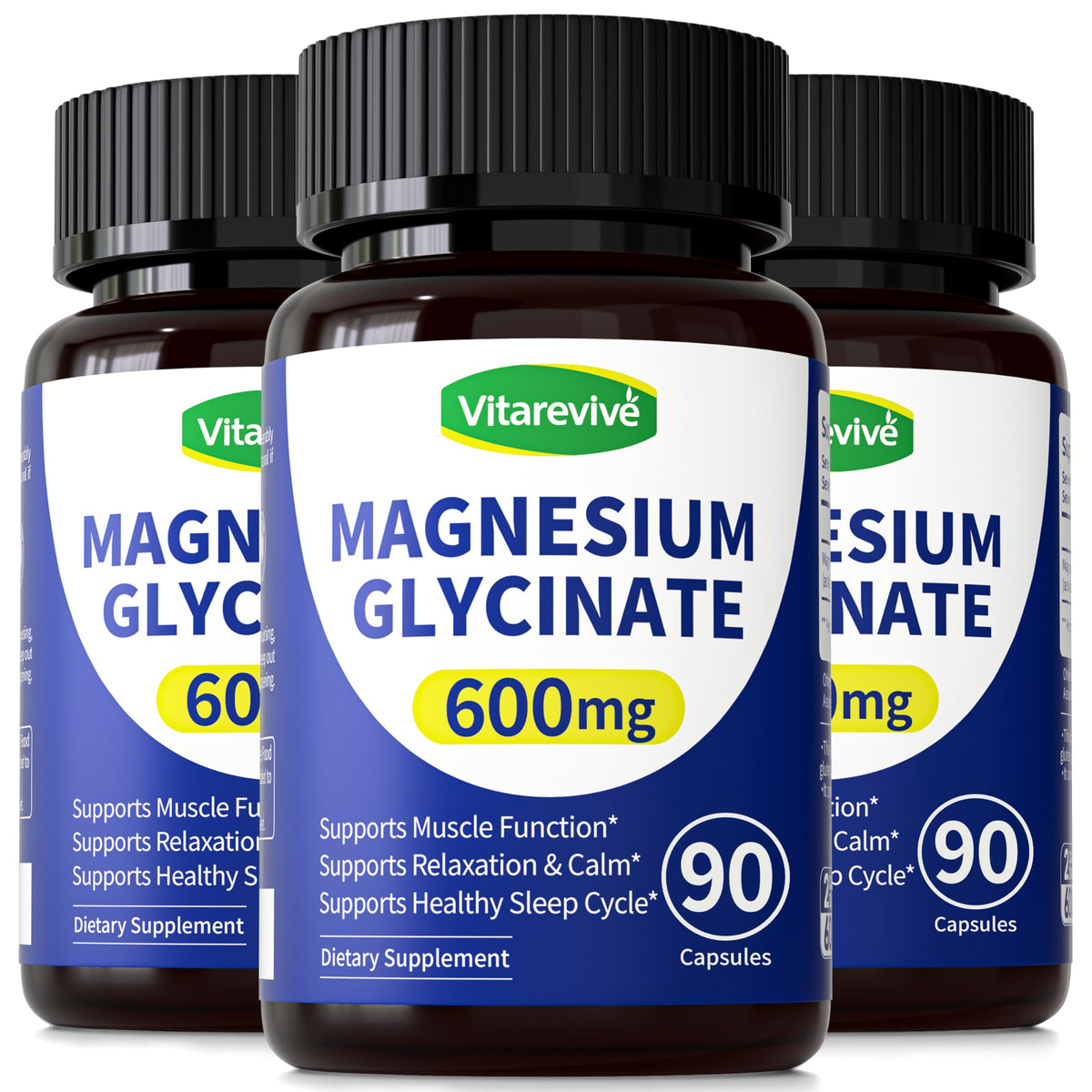 Vitarevive Magnésium Glycinate 600 mg capsules sur fond blanc