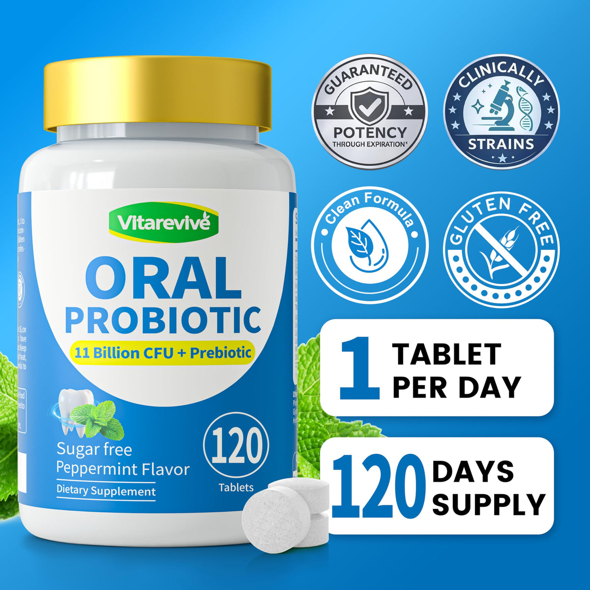 Vitarevive Probiotiques Oraux 120 Comprimés avec un verre d'eau