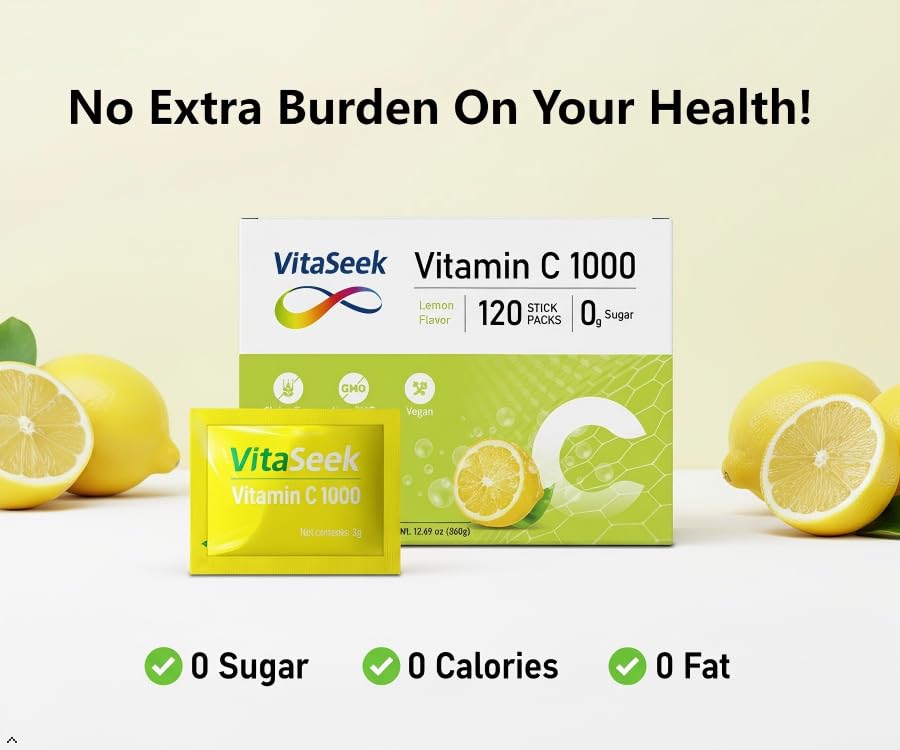 VitaSeek Poudre de Vitamine C 1000mg sachets individuels ouverts avec eau