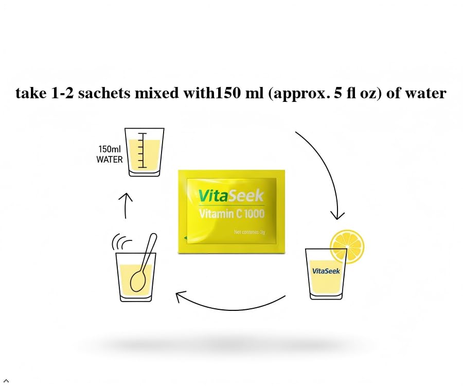 VitaSeek Poudre de Vitamine C 1000mg sachets individuels sur une table